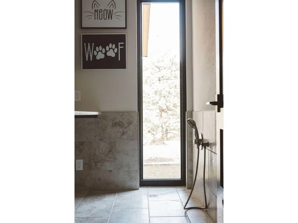 a view of a bathroom with door