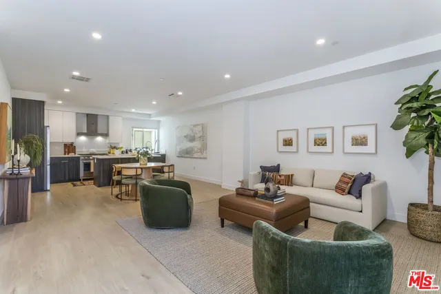 a living room with furniture and a kitchen