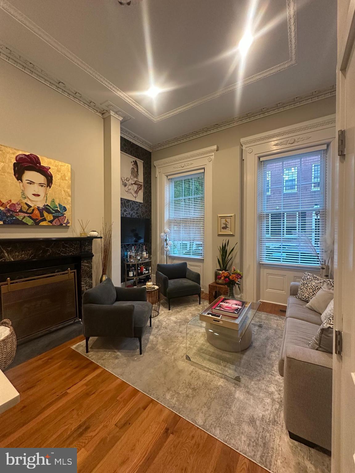 a living room with furniture windows and a fireplace