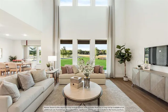 a living room with furniture potted plant and a large window