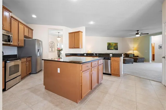 a large kitchen with stainless steel appliances granite countertop a stove a sink dishwasher a refrigerator and a microwave