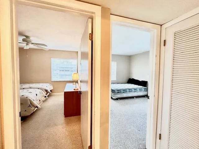 a view of a bedroom with furniture and a window