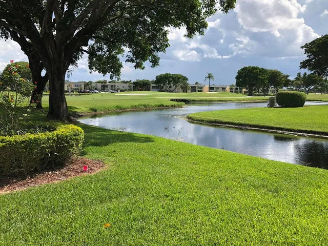 a view of a lake with a yard and large trees
