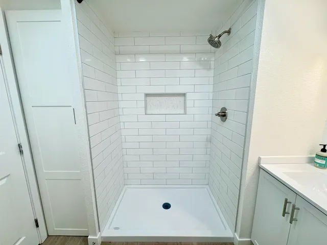 a bathroom with a shower and a sink
