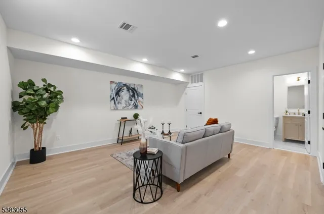a living room with furniture and a potted plant