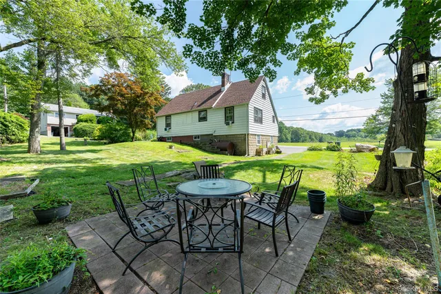 a view of backyard with potted plants and large tree