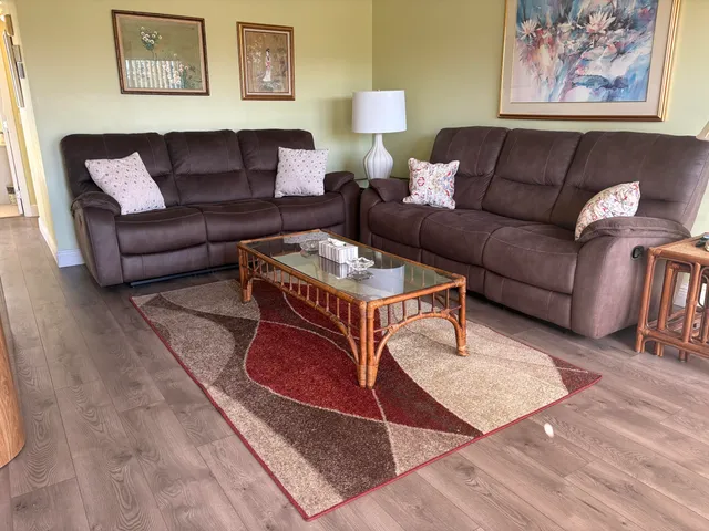 a living room with furniture and a rug