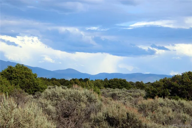 a view of a city with green space and mountain view in back