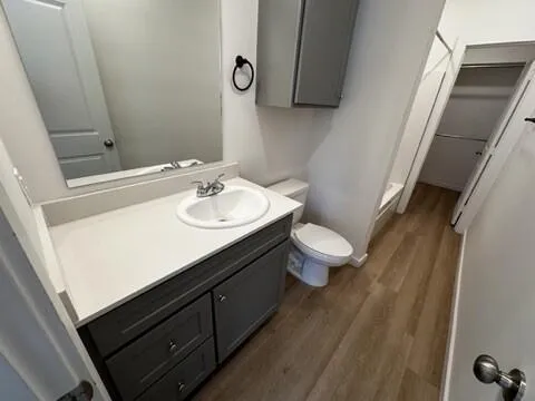 a bathroom with a sink a toilet and mirror