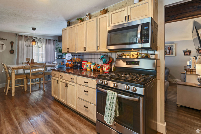 255 North 1600 West, Unit 60 Provo, UT 84601 - Photo 6 of 22 Kitchen featuring stainless steel appliances, decorative backsplash, light wood finish cabinetry, and dark wood finished floors