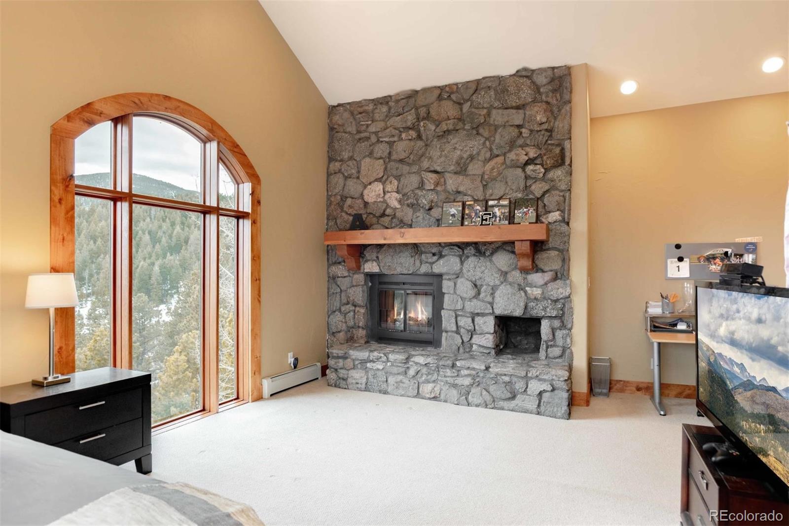 33231 Meadow Mountain Road Evergreen, CO 80439 - Photo 22 of 40 a living room with furniture a fireplace and a flat screen tv