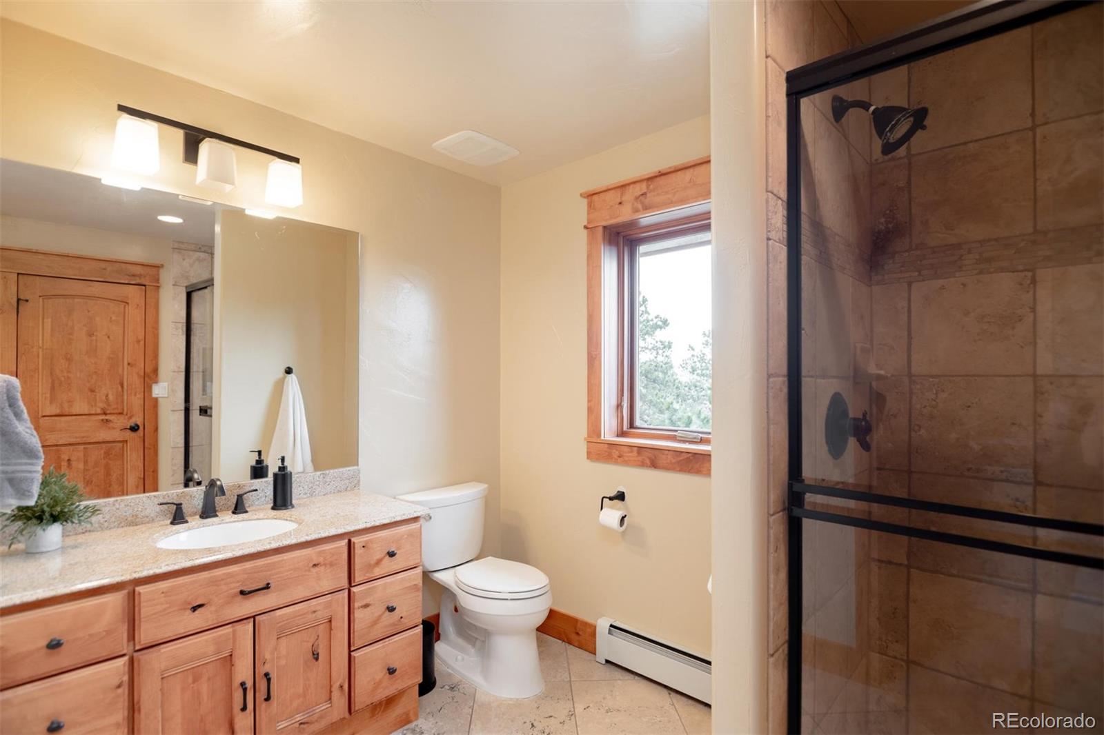 33231 Meadow Mountain Road Evergreen, CO 80439 - Photo 23 of 40 a bathroom with a toilet a sink a vanity and mirror