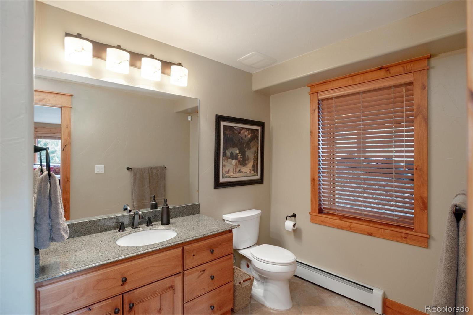33231 Meadow Mountain Road Evergreen, CO 80439 - Photo 33 of 40 a bathroom with a granite countertop toilet a sink a mirror and a window