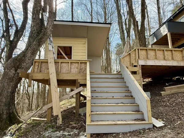 a view of a house with a large tree front of house