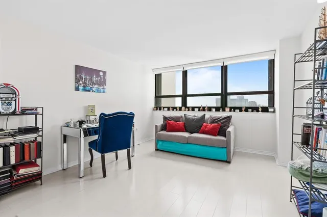 a living room with furniture and a book shelf