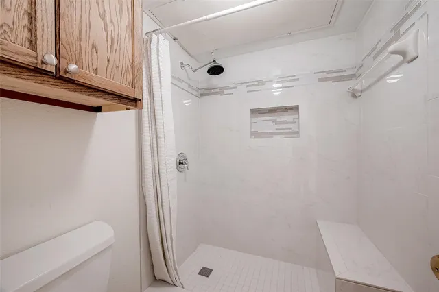 a bathroom with a shower a toilet and a sink