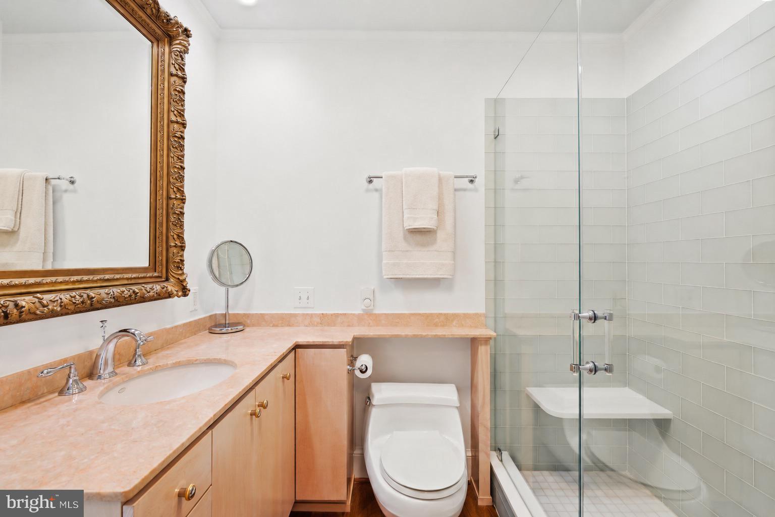 6411 33rd Street Northwest Washington, DC 20015 - Photo 31 of 48 a bathroom with a toilet sink vanity and mirror