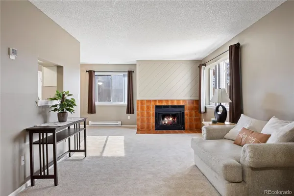 a living room with furniture and a fireplace