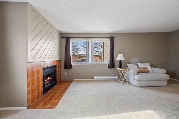 a living room with furniture a window and a fireplace