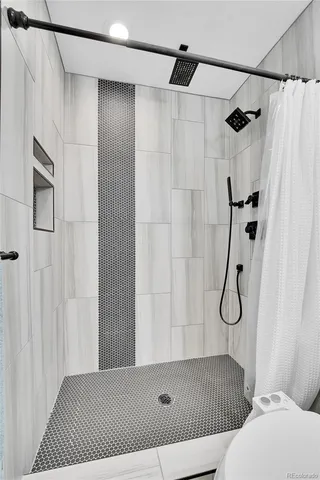 a bathroom with a shower and a toilet