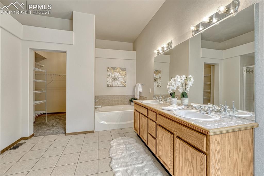 4601 Rowell Point Colorado Springs, CO 80923 - Photo 22 of 48 The primary 5-piece en-suite bathroom is a true oasis, featuring a dual sink storage vanity