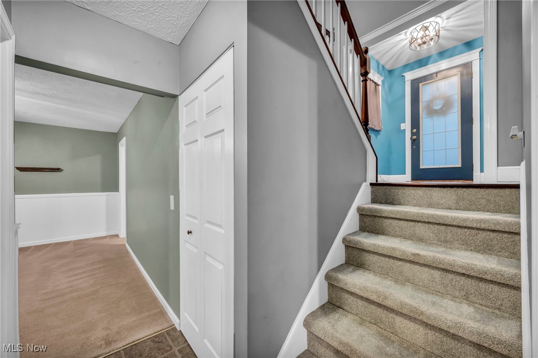47655 Cooper Foster Park Road Amherst, OH 44001 - Photo 26 of 49 Stairs with carpet floors and a textured ceiling