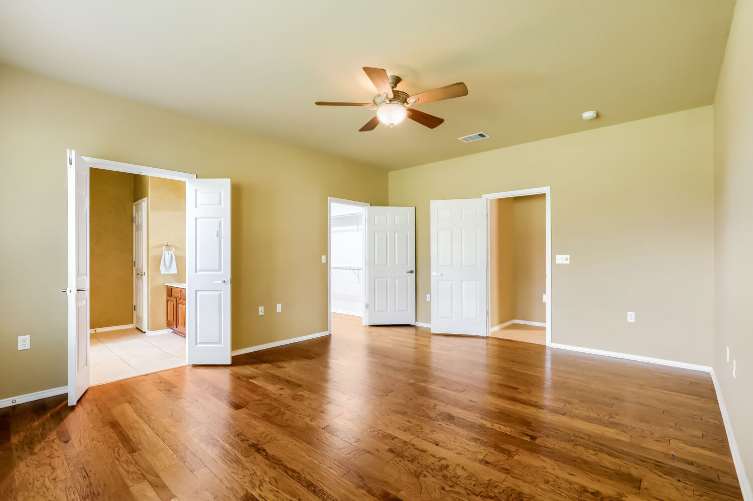 310 Crockett Loop Georgetown, TX 78633 - Photo 10 of 22 Double doors into the primary bath. Wood flooring in the primary bedroom.