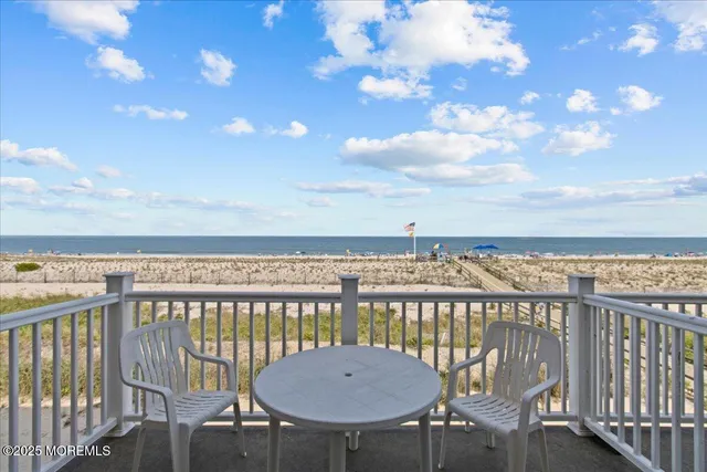 a view of a balcony with a table