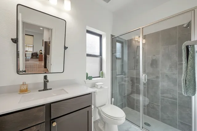 a bathroom with a shower sink vanity mirror and toilet
