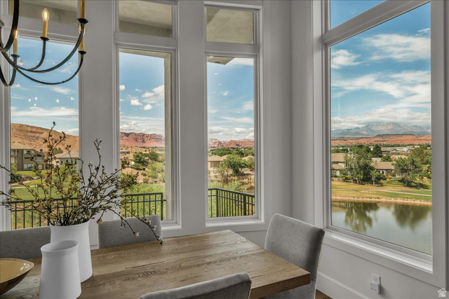 2608 Canyon Ridge Drive St. George, UT 84770 - Photo 20 of 86 Dining area featuring multiple large windows showcasing a water feature and distant mountains