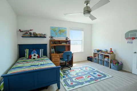 a bedroom with a bed a rug and chair