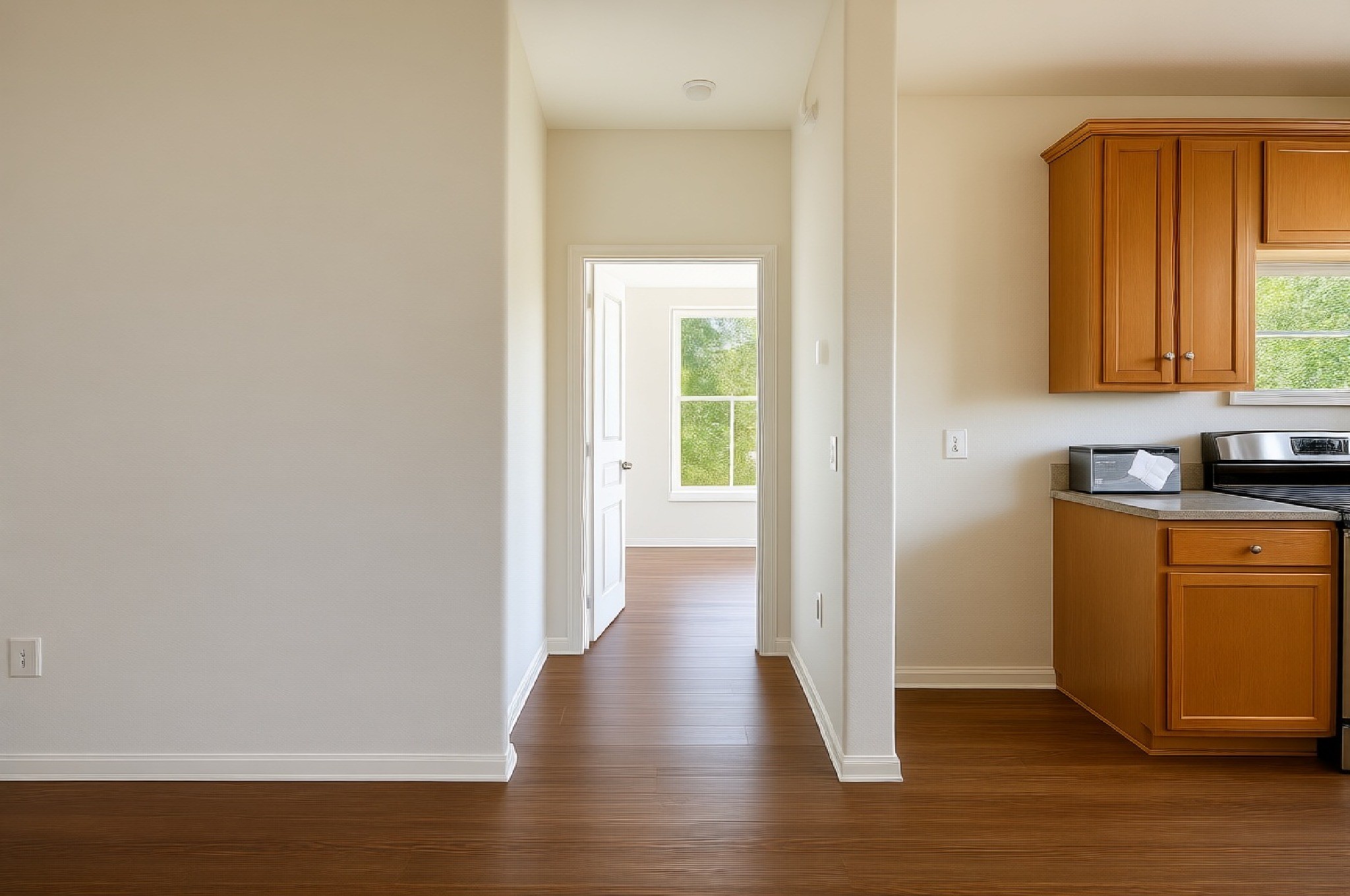 4611 Windmill Run Drive Houston, TX 77069 - Photo 9 of 36 a view of a kitchen from the hallway with a window and wooden floor