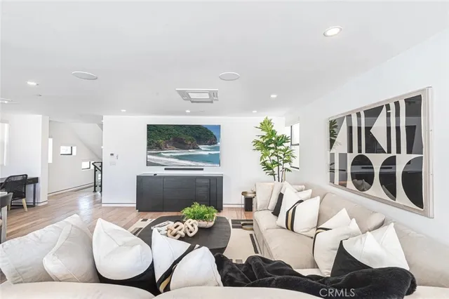 a living room with furniture a flat screen tv and a potted plant