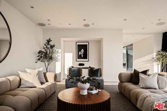 a living room with furniture and a potted plant