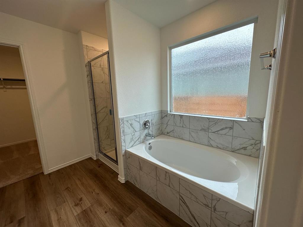 346 Carmello Kyle, TX 78640 - Photo 22 of 39 Full bath with dark wood-type flooring, a garden tub, a shower stall, and a spacious closet