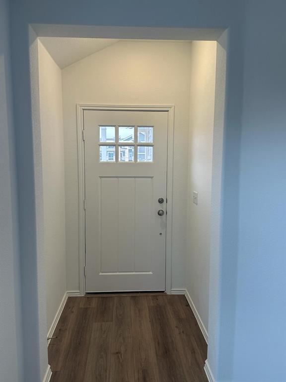 346 Carmello Kyle, TX 78640 - Photo 6 of 39 Doorway with wood finished floors and vaulted ceiling