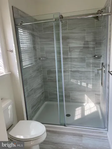 a bathroom with a shower and toilet