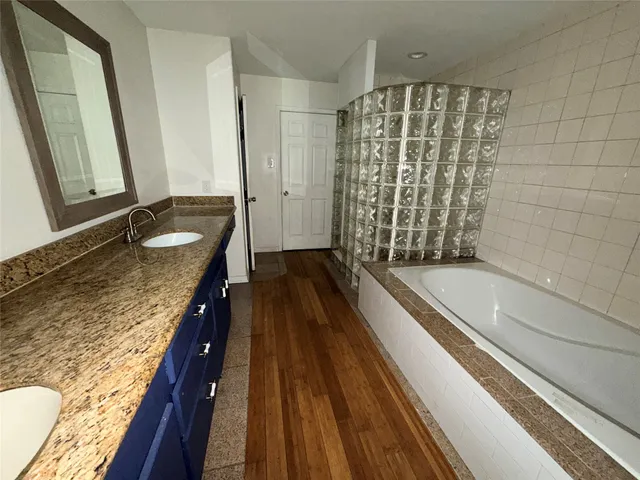 a bathroom with a granite countertop bathtub shower sink and mirror