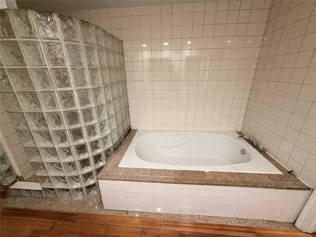 a bathroom with a bathtub
