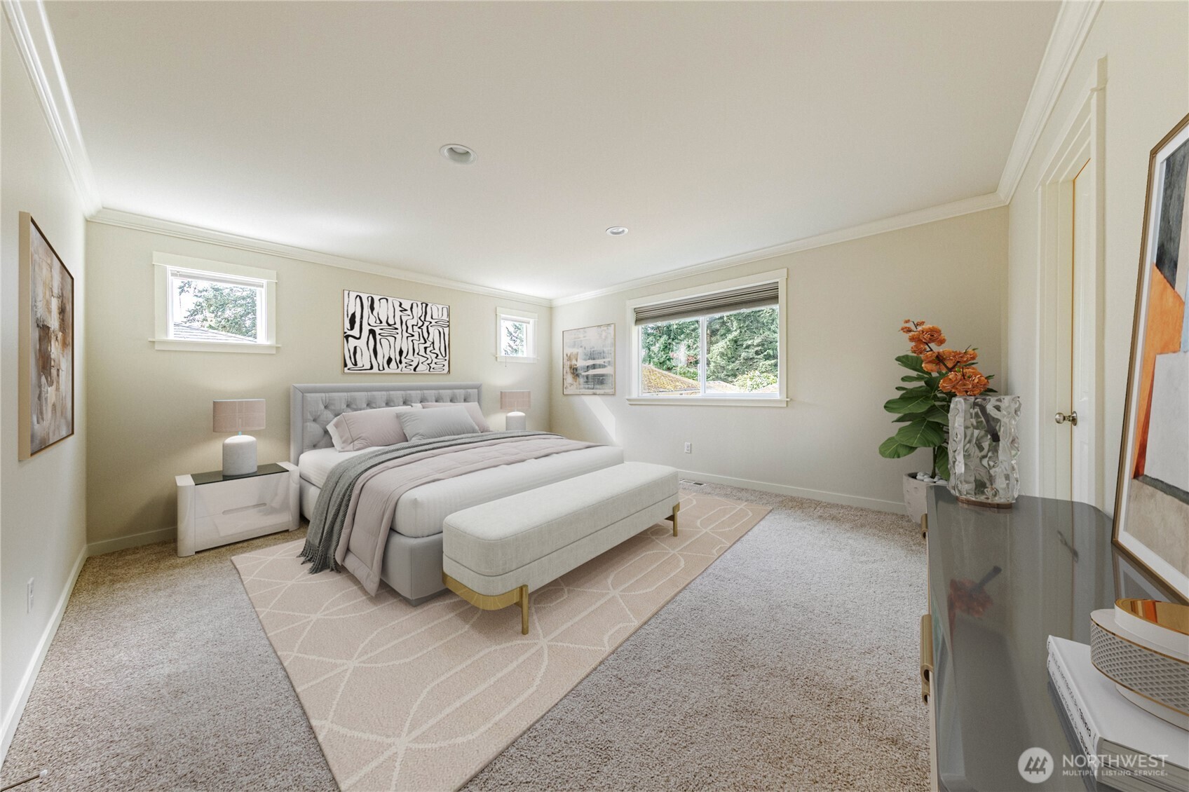 21914 78th Place West Edmonds, WA 98026 - Photo 14 of 39 a spacious bedroom with a bed and a potted plant
