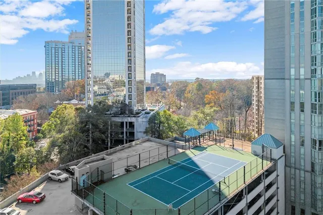 a view of a city with tall buildings