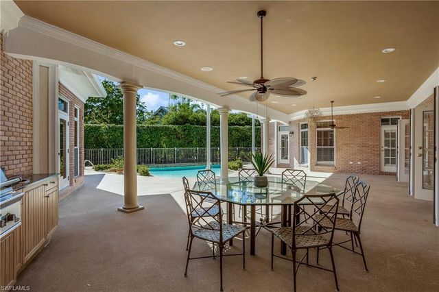 a garden view with a seating space