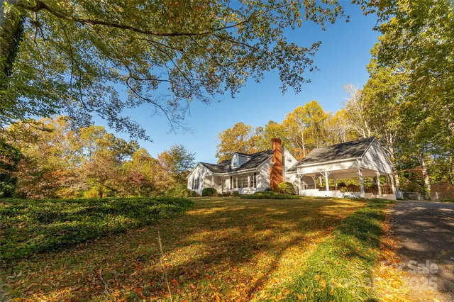 a view of large trees with pool of house