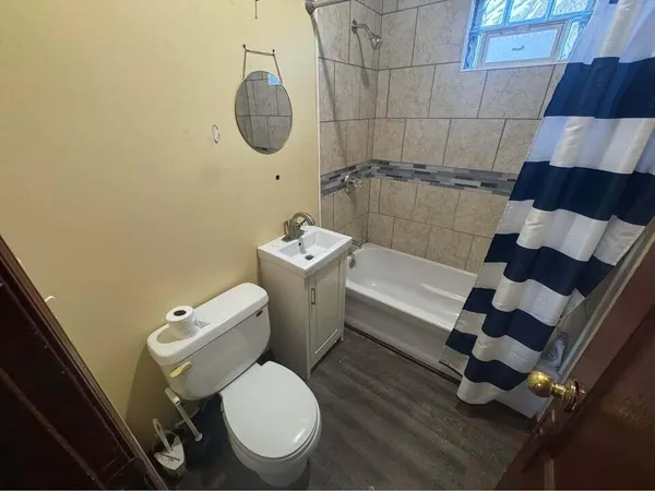 a white toilet sitting next to a shower curtain