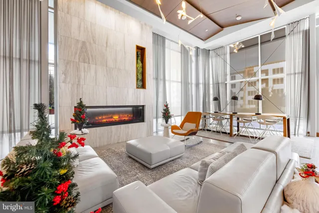 a living room with furniture and a potted plant