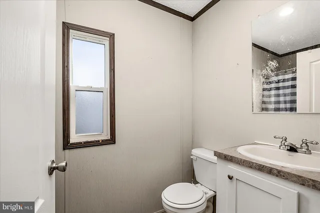 a bathroom with a granite countertop toilet sink and mirror
