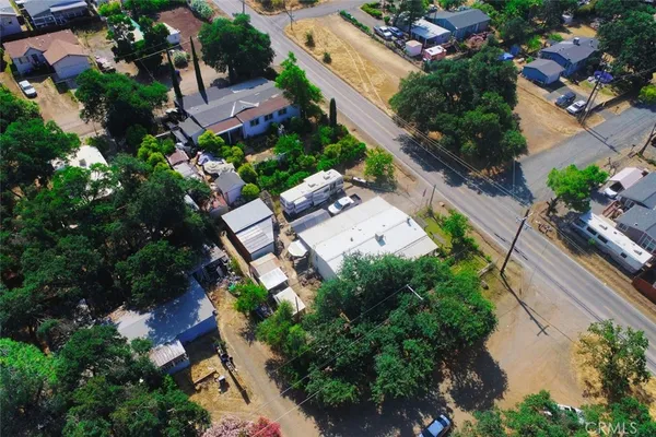 an aerial view of a house with garden