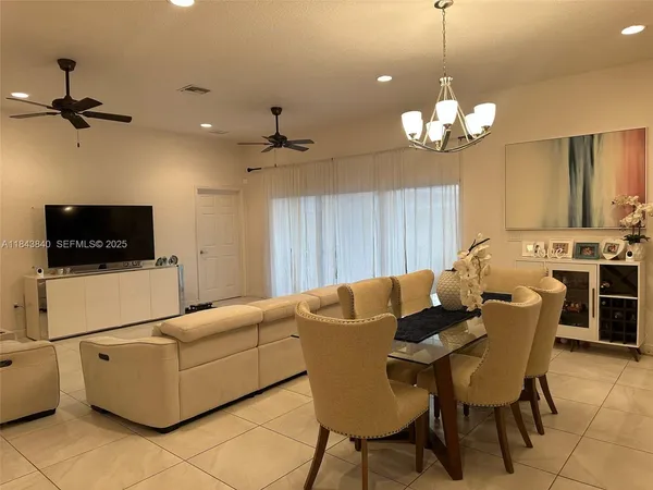 a view of a dining room with furniture