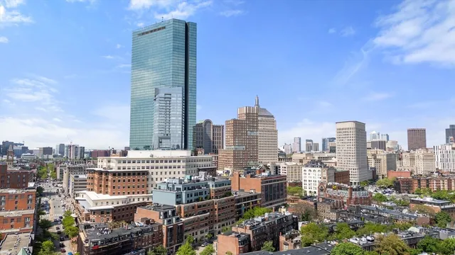 a city view with tall buildings
