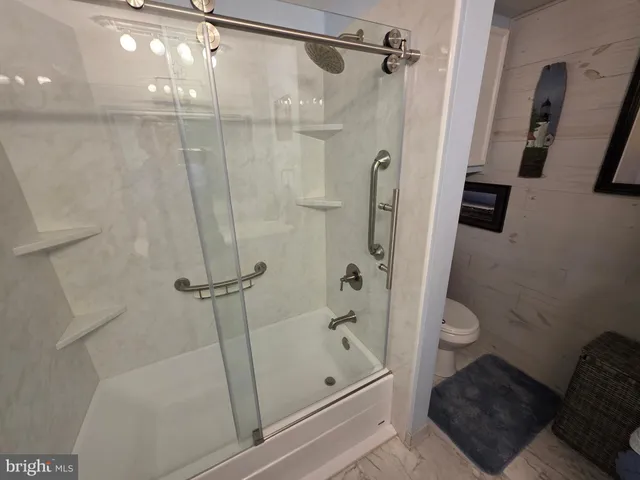 a bathroom with a shower and a toilet